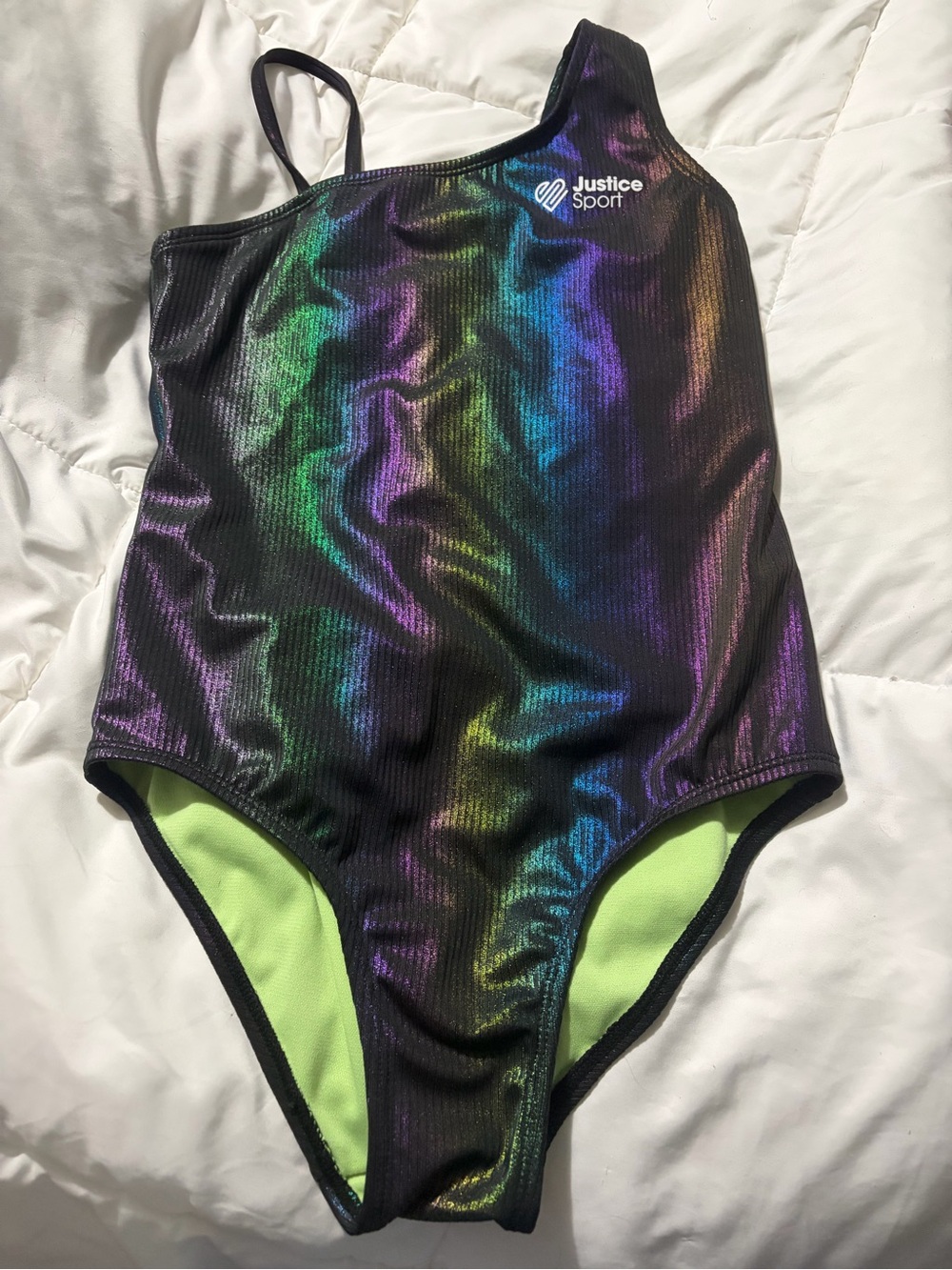 Justice Sport Iridescent One-Shoulder Leotard - Black with Rainbow Sheen